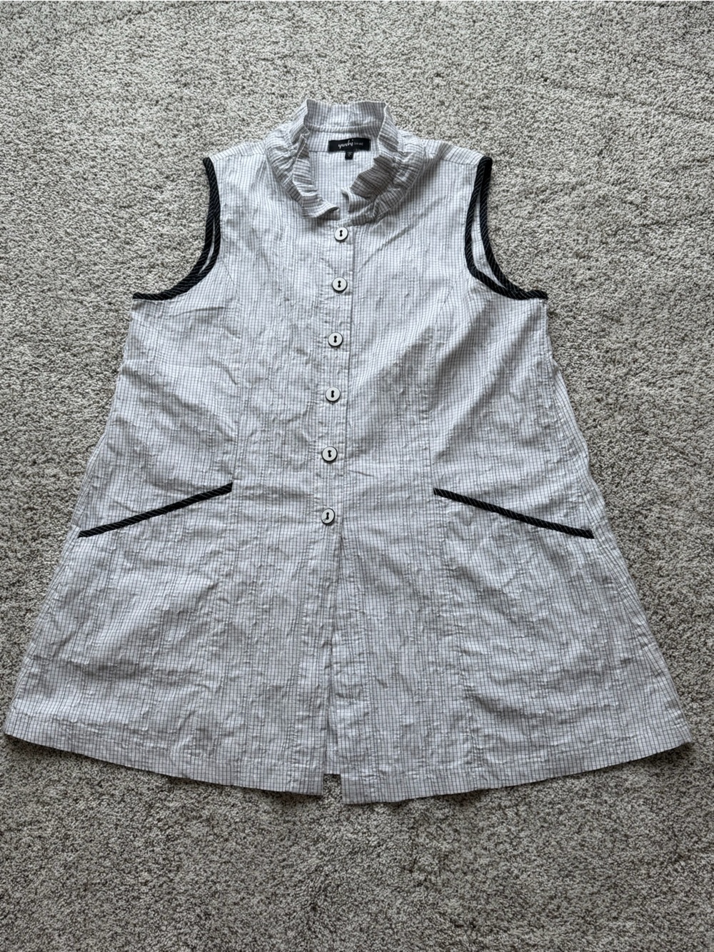 Yushi Made in USA Crinkle Check Tunic Top L White Black Sleeveless Front Pockets - Picture 6 of 11